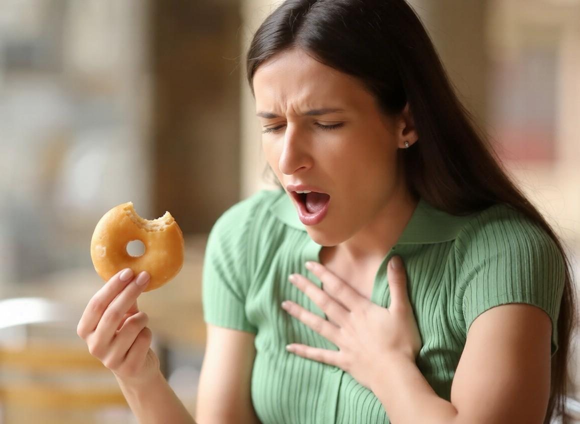 A woman holding food and clutching her chest as she begins to choke.